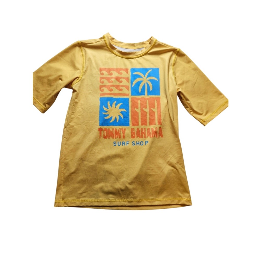 Tommy Bahama Boys Rash Guard Yellow Surf Shop Swim Shirt Size 10/12 Graphic Tee